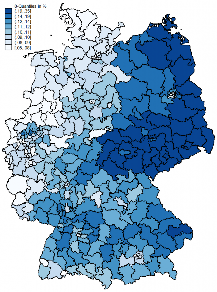 AfD results in 2017 federal election in Germany (map of districts)