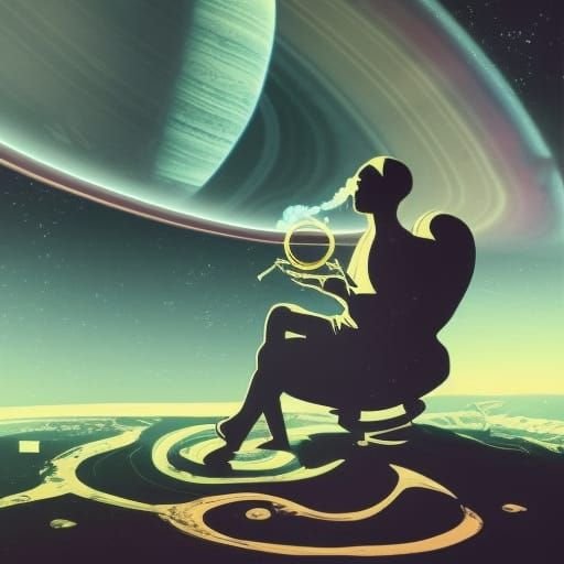 An AI smoking a pipe on the rings of Saturn