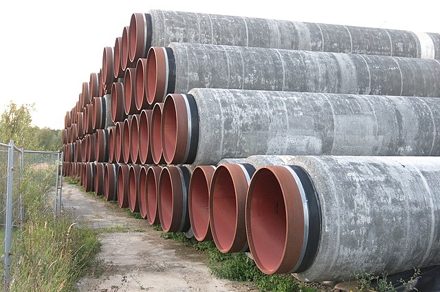 Stack of pipes/tubes for natural gas pipeline North Stream 2 at Mukran port, September 2020