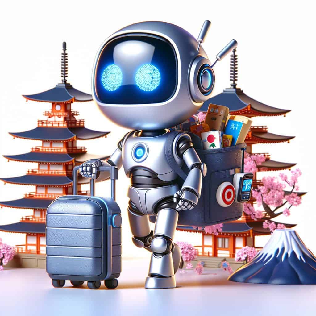 A cartoon robot visiting Japan